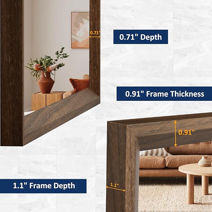 WEER Bathroom Mirror, 40x30 Inch Wall Mirror, Walnut Wood Grain Framed Mirror, Rectangle Vanity Mirror, Tempered Glass, Anti-Rust, Hangs Horizontally or Vertically