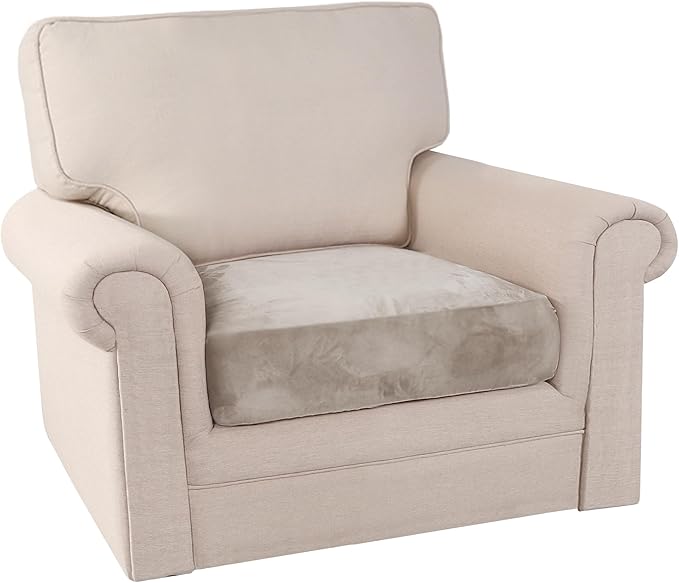 PrinceDeco Stretch Velvet Couch Cushion Cover,Soft Fitted Cushion Slipcover for Arm Chair Sofa Cushion Furniture Protector Seat Cushion Sofa Cover Width Up to 29.5", Oatmeal