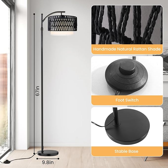 Arc Floor Lamp for Living Room,Farmhouse Floor Lamps with Remote Control & Dimmable Bulb,Black Rattan Boho Tall Standing Lamp for Bedroom Office