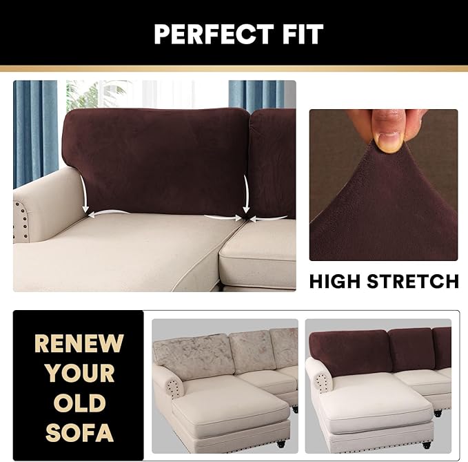 PrinceDeco Sectional Couch Covers Velvet Cushion Covers for Sectional Couch Cushion Covers for Sectional Sofa Separate Sectional Sofa Slipcovers Washable(1 Chaise Back+ 2 Sofa Back,Brown)