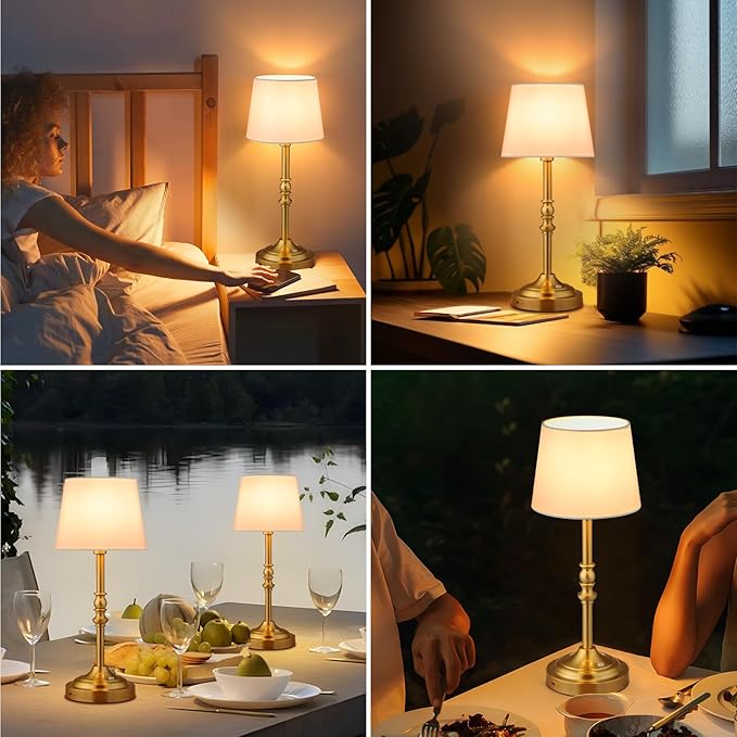 GGOYING Set of 2 Rechargeable Cordless LED Table Lamps, 4-Level Dimmer, Bronze Portable Desk Lamps with White Fabric Shades, Night Light for Dining, Bedroom and Patio