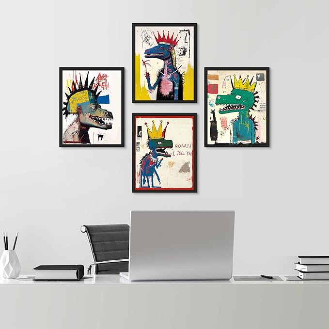 SIGNWIN Framed Vintage Retro Antique Basquiat Dinosaur Print Wall Art, Set of 4 Illustration Wall Decor Prints, Multicolor Contemporary Wall Décor for Living Room, Bedroom - 11"x14" Black