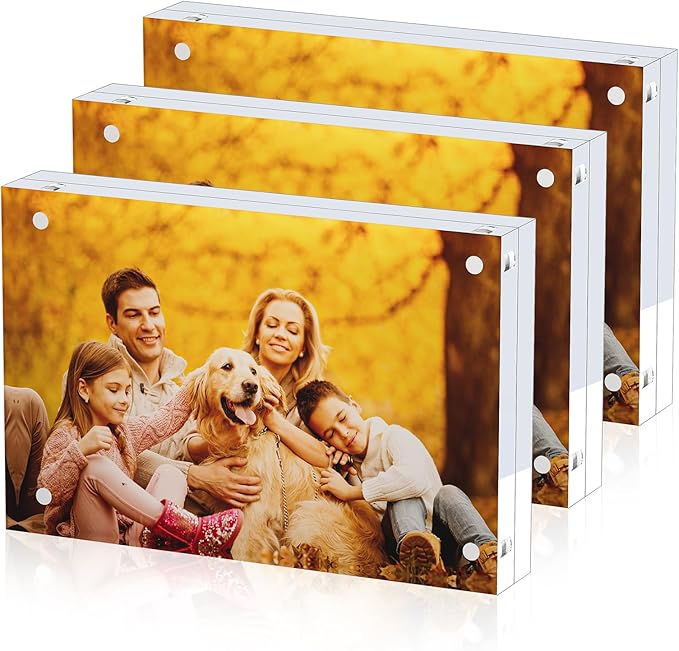 3 Pack Acrylic Picture Frames 4x6, 20%thicker Free Standing Desktop Display,Strong Magnetic Photo Frame, Double Sided Clear Picture Frames , Frameless Standing Desktop Frame for Home, Office, Gift Ready