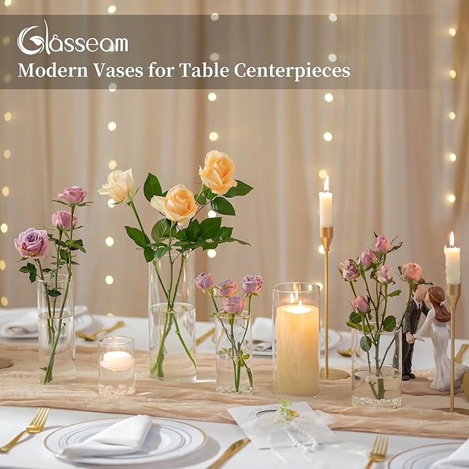 Glasseam Glass Cylinder Candle Holder: Set of 12 Hurricane Candle Holders for Pillar Candles Glass Candle Holder Hurricane Vase Clear Vases for Centerpieces Floating Candle Vases for Flowers Decor