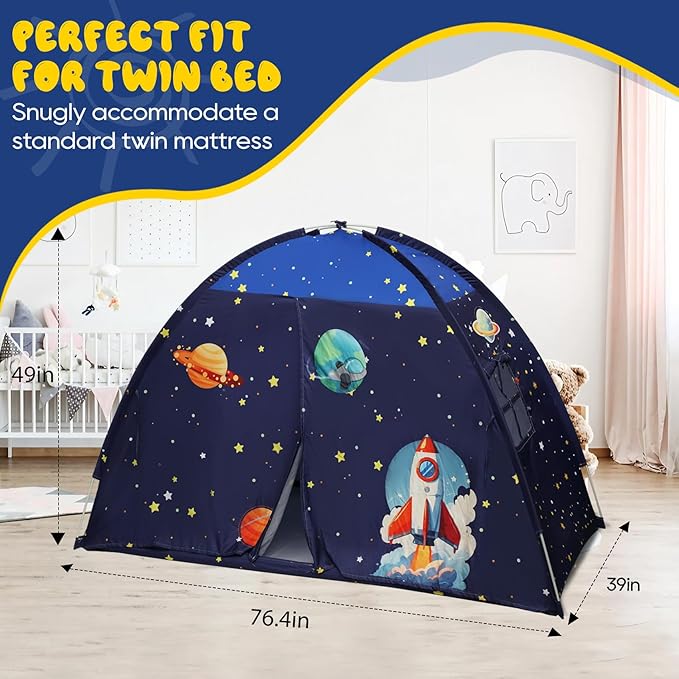 Twin Bed Tent Canopy, Space Indoor Blackout Privacy Toddler Bed Tent for Kids with Light, Portable Sleeping Floor Kids Playhouse (Blue)