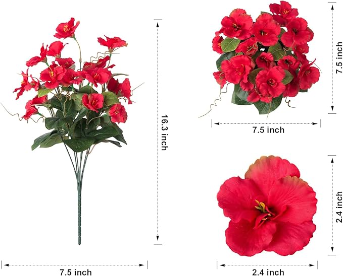 Hibiscus Artificial Flowers Plants for Outdoors Decoration, 6 Bundles Silk Hibiscus Bouquet Tropical Flowers Artificial Realistic UV Resistant Fake Flower for Outside Planter Porch Patio Balcony, Red