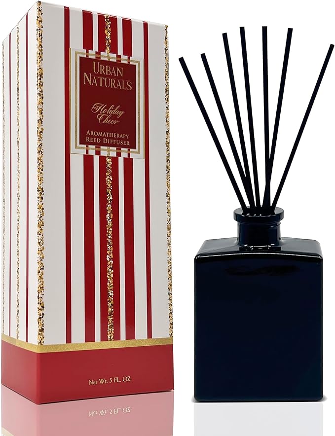 Urban Naturals Holiday Cheer Reed Diffuser Set – Cranberry, Cinnamon, Evergreen, Cedar & Smokey Wood – 5 Ounce Sleek Black Rectangular Refillable Glass Bottle – Made in The USA