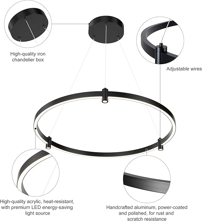 LED Black Chandeliers Modern Pendant Light, 40W Dimmable,1 Rings Dimmable Chandelier Lighting Fixture for Living Room Bedroom Kitchen Island Resturant Dining Room 3000K-6000K