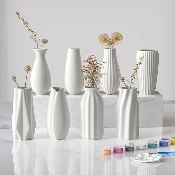 OERGKE White Ceramic Vase with Painting Kit Small vases for Flowers, Home Farmhouse Decor Modern Boho Vases for Living Room, Office, Dining Table, Bedroom, Kitchen Shelf(8packs)
