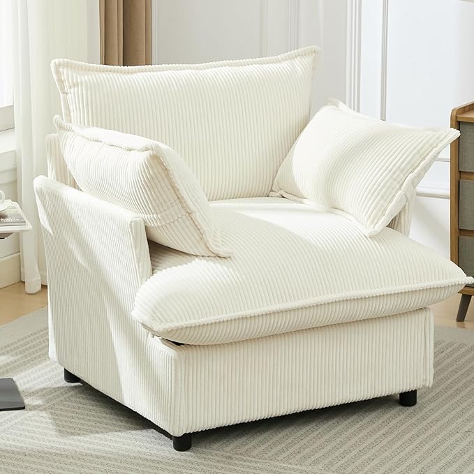 35.4" Wide Oversized Corduroy Single Sofa Chair with 2 Pillows, Modern Upholstered Accent Chair Armchair for Livingroom Bedroom Apartment, Beige