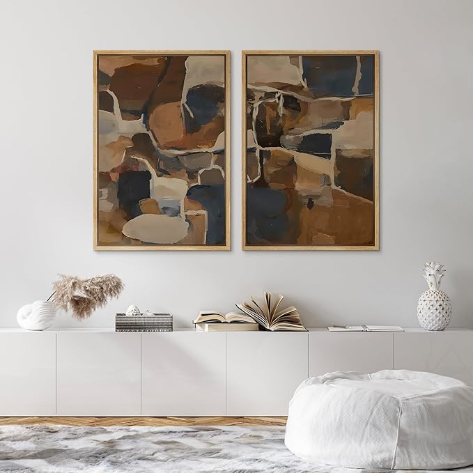 SIGNFORD Framed Canvas Print Wall Art Set Earthy Tones Abstract Layers Modern Brown and Blue Color Block Illustrations Modern Art Decorative for Living Room, Bedroom, Office - 16"x24"x2 Natural