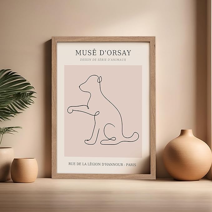 Poster Master Vintage Poster - Retro One Line Dog Drawing Print - Dog Art - Minimal Gift for Men, Women, Animal Lover - Abstract Wall Decor for Home, Office, Bedroom, 16x20 Beige Framed