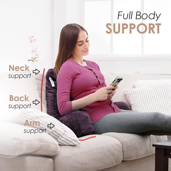 Nestl Reading Pillow Standard Bed Pillow, Back Pillow for Sitting in Bed Shredded Memory Foam Chair Pillow, Reading & Bed Rest Pillows Purple Back Pillow for Bed, Bed Chair Arm Pillow with Pockets