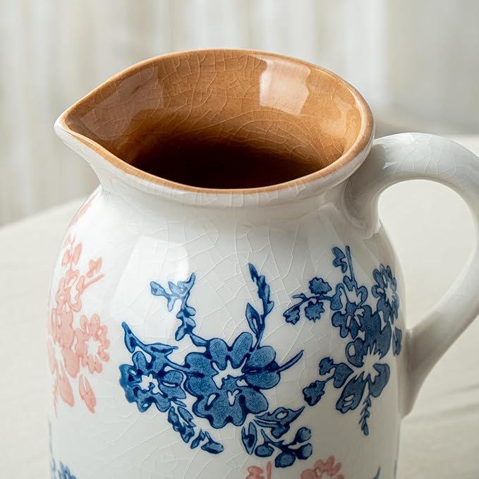 Pink Blue and White Pitcher Vase, 8 Inch Vintage Chinoiserie Ceramic Flower Vase, Rustic Retro Ice Cracked Antique Porcelain Vases for Home Farmhouse Table Centerpieces Shelf Decor ﻿