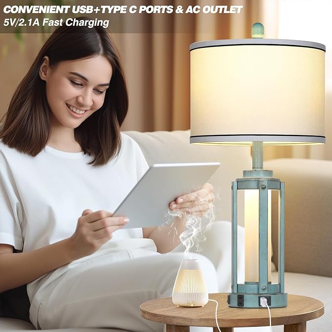 Table Lamp for Living Room, Vintage Rustic Industrial Farmhouse Lamps with USB A+C Charging Ports & AC Outlet, Beside Nightstand Metal Lamp with LED Night Light & Fabric Shade for Bedrooms