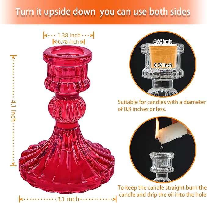 Glass Candlestick Holder,Striped Taper Candle Holders,Set of 6 Candle Stand for Table Centerpieces, Home Decor,Weddings,Festival and Parties (Red Stripe Pattern)