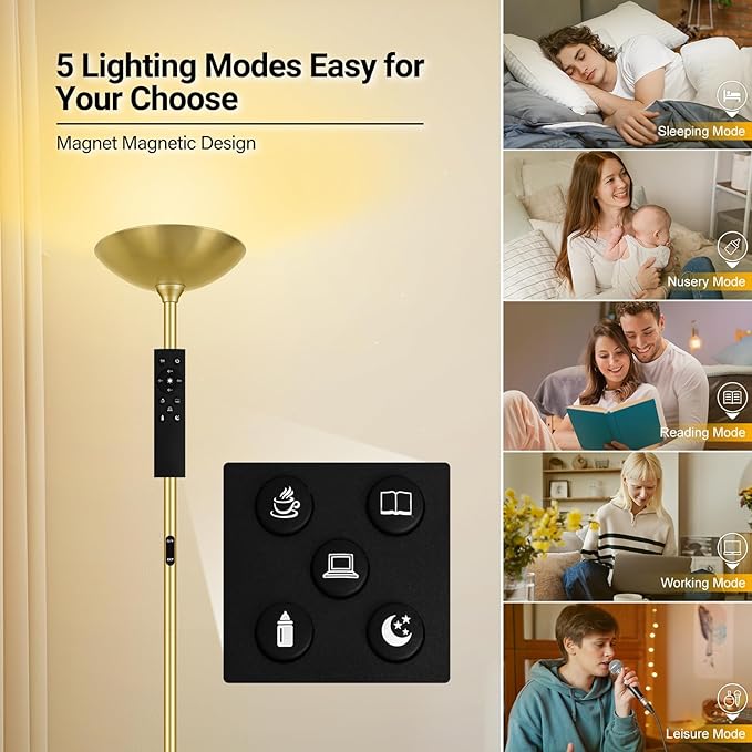 BoostArea Dimmable Floor Lamp,30W 3000LM Super Bright LED Torchiere Standing Lamp with Remote & Touch Control,71 in Tall Pole Sky Modern Floor Lamps for Living Room Bedroom Office,2700k-6500k,Gold