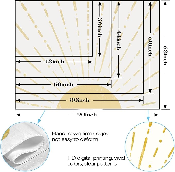 Kanuyee Gold Boho Burning Sun Tapestry Wall Hanging, Retro 70s Abstract Vintage Geometric Line Sunrise Tapestries for Bedroom Living Room Backdrop 60×80 inch