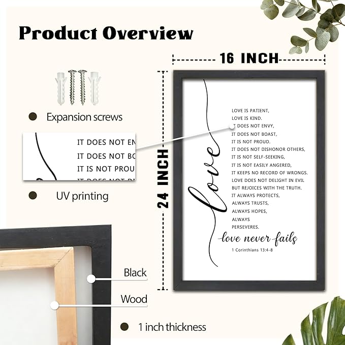 FZMHASLWW Love Is Patient Kind Wall Decor 24"×16" Love Never Fails 1 Corinthians 13 Bible Verse Sign Large Wood Framed Wall Hanging Art (Black)