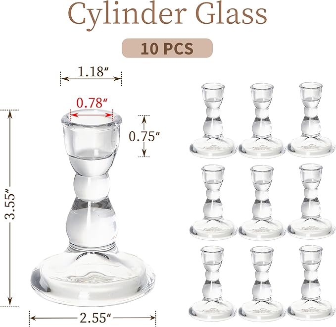 Glass Taper Candle Holders Small Clear Candlestick Holders Bulk, Thickened Glass Crystal Candle Sticks Set for Dining Table Wedding Party Fireplace Mantle Table Centerpiece Decor, 10Pcs