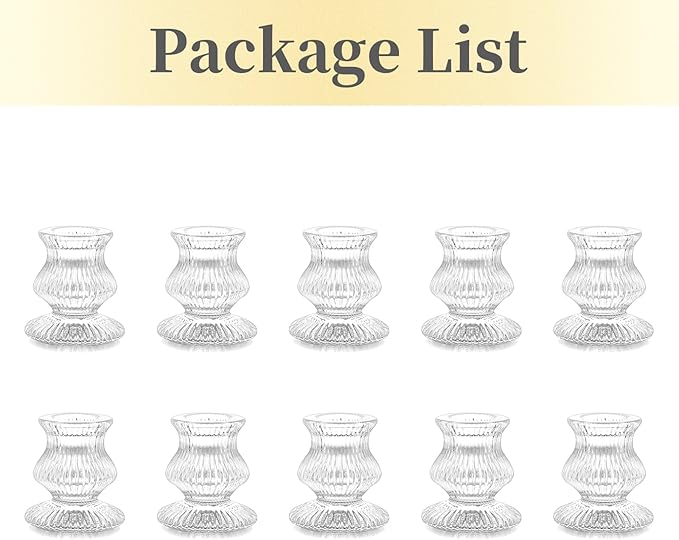 Hewory Glass Taper Candle Holders: 10PCS Clear Candle Holder Candlestick Holders, Crystal Ribbed Candle Sticks Holder Decor for Table Centerpiece Wedding Advent Wreath Christmas Thanksgiving Dinner