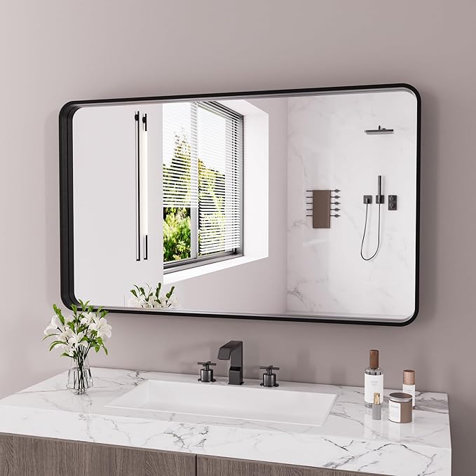 Black Bathroom Mirror 60X30 Inch, Black Metal Framed Mirror for Wall, Rounded Rectangle Matte Bathroom Vanity Mirror with Tempered Glass, Anti-Rust, Horizontal/Vertical