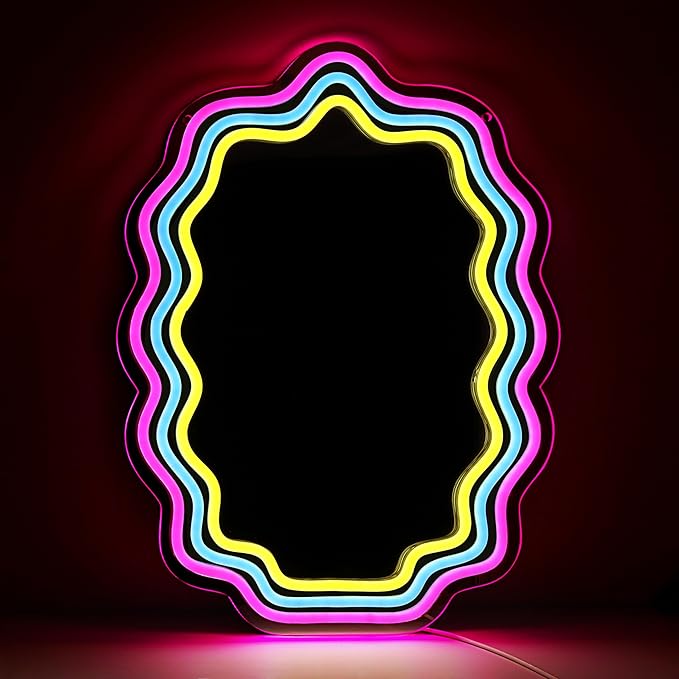 Kavaas Wavy Neon Mirror 16.9" x 12.7", LED Wave Mirror with Lights for Bedroom, Girls Room - Best Gifts for Teen Girls, Birthday, Christmas