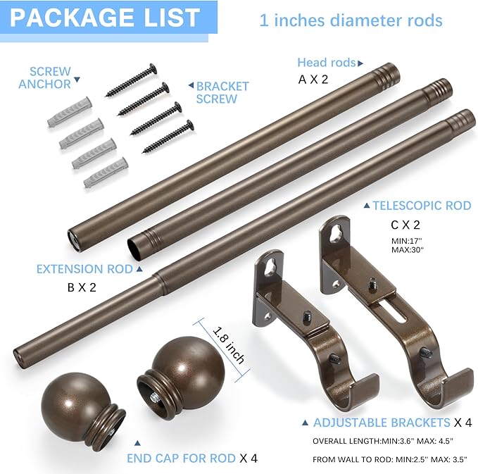 Curtain Rods for Windows 16 to 48 Inches, Curtain Rod Max Adjustable Length of 60 IN, 1" Diameter Drapery Rods Round Finials, Brown, Pack of 2