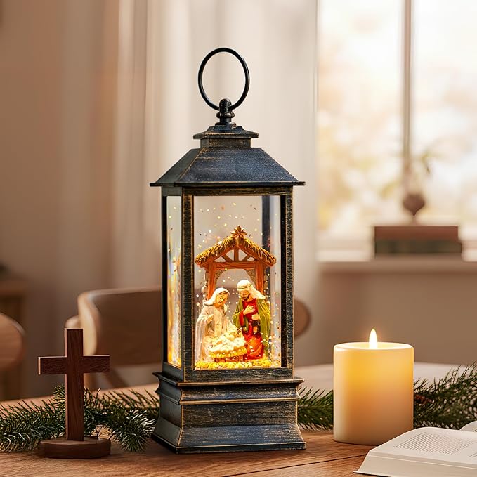10'' Musical Snow Globe Lantern Lighted Nativity Manger Scene Water Lantern Swirling Glittering Home Decoration and Gift, Battery Operated or USB Powered