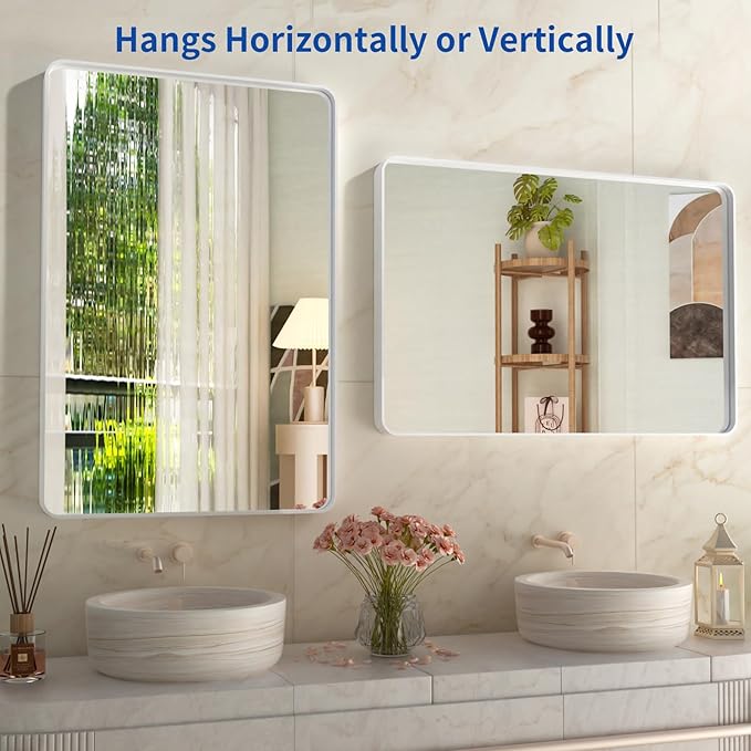WEER White Bathroom Mirror 24X36 Inch, Rounded Rectangle White Metal Frame Mirror, Matte White Bathroom Vanity Mirror with Tempered Glass, Anti-Rust, Hangs Horizontally or Vertically
