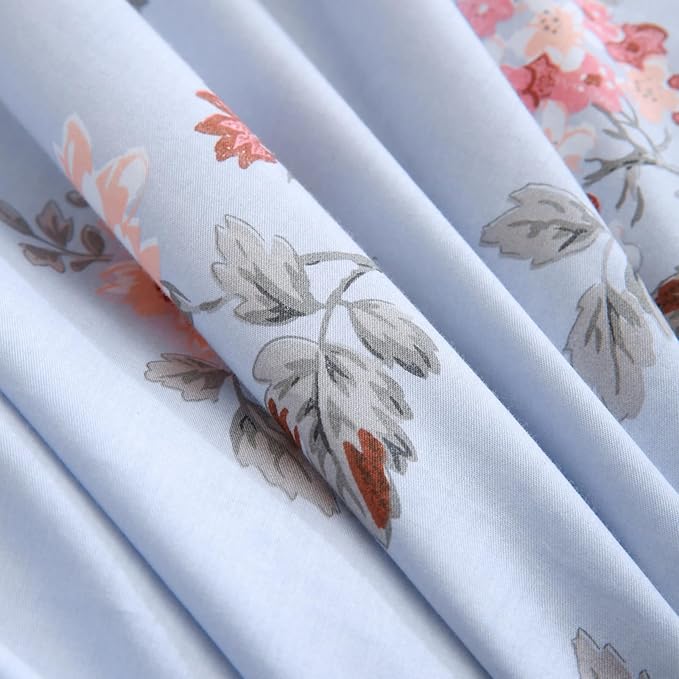 ABREEZE Floral Duvet Cover King Size Set Bird Flowers Bedding Set 100% Brushed Cotton Bedding Collection 1 Duvet Cover with 2 Pillowcases Grey