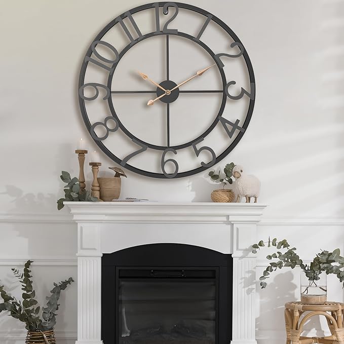 36 Inch Extra Oversized Large Giant Modern Decorative Wall Clock,Vintage Industrial Farmhouse Black Metal Big Arabic Numerals Large Clocks for Living Room Decor,Entrance Fireplace,Dinng Room