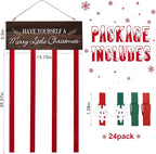 Christmas Card Holder Display, Merry Christmas Wooden Hanging Picture Holders, Xmas Card Display with 24 Photo Clips, Xmas Wall Door Window Home Decor