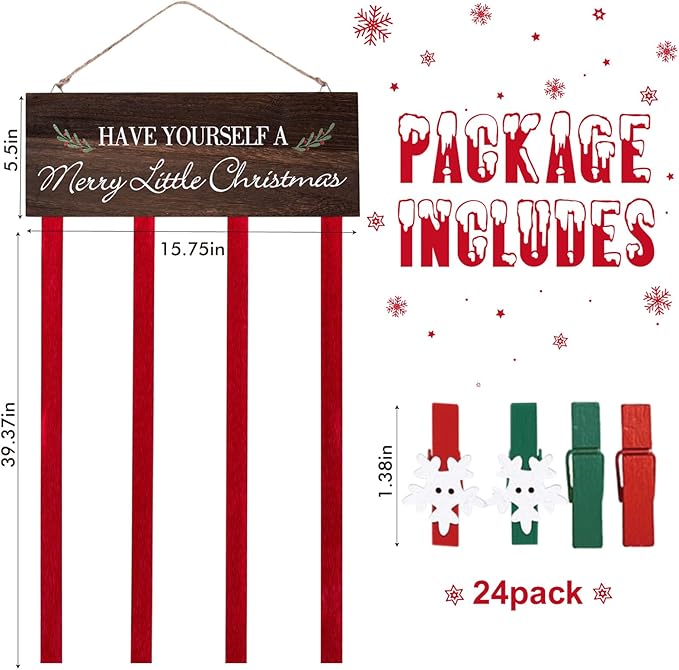 Christmas Card Holder Display, Merry Christmas Wooden Hanging Picture Holders, Xmas Card Display with 24 Photo Clips, Xmas Wall Door Window Home Decor