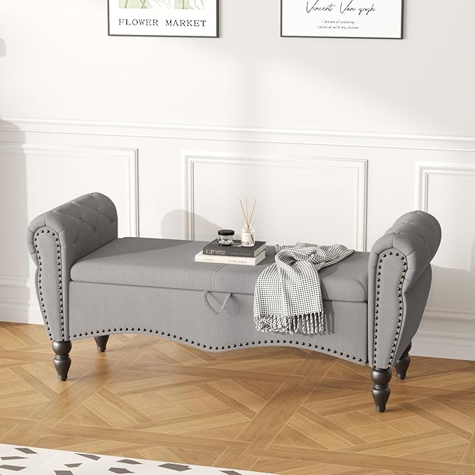 Furniliving 51.75" Storage Ottoman Bench for Living Room, Modern Bedroom Bench with Rolled Arm Upholstered End of Bed Bench Shoe Storage Bench Indoor Bench with Wood Legs Entryway Bench,Grey, Linen