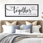 And So Together They Built A Life They Loved Decorative Rustic Sign & Plaque Framed Wall Art for Couples, 40''×15' Vintage 'Wooden Long Wall Decor Above Bed, Horizontal Farmhouse Wedding Gift