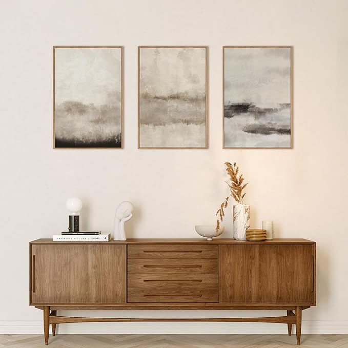 HPINUB Large Abstract Framed Canvas Wall Art Set,Minimalist Beige Gray Pastel Watercolor Wall Decor,Modern Illustration Neutral Art Painting for Living Room,Bedroom,Dining Room,Office -24"x36"x3