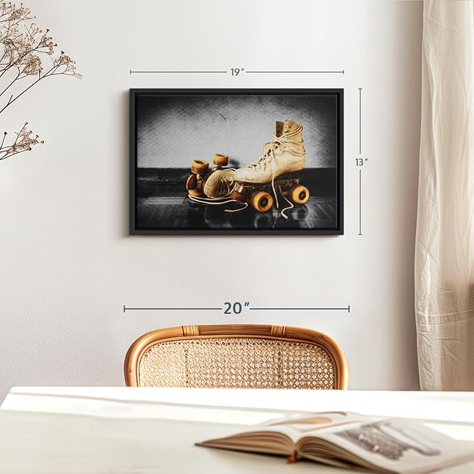 ElephantStock Vintage Skates Pop Wall Art - Horizontal Framed Canvas - 1-Piece Living Room Wall Decor - Sport Photography Canvas Print - Beige and Black Decor for Wall - 19" X 13"