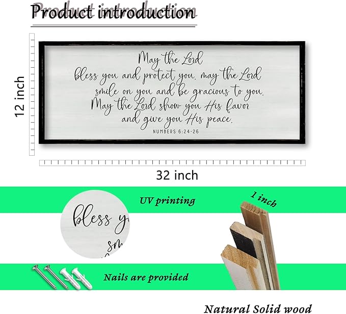 ZZJJHYWGQ Christian Wall Decor Numbers 6:24-26 Bible Verse Catholic Sign 32"×12" for Living Room Religious Scripture Art Christ Jesus Family Large Wooden Framed Home Hanging (Black)