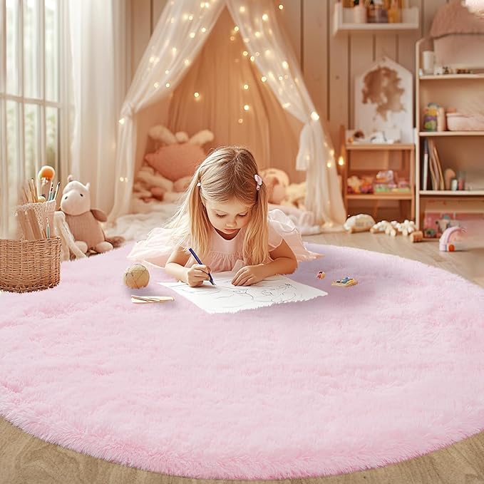 Pink Round Rug for Living Room: 6x6 Feet Shag Area Rugs for Living Room- Ultra Soft Fluffy Furry Girls Bedroom Carpet- Plush Rugs for Girls & Kids Room, Home Decor (6ft, Pink)