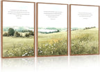 KAIRNE Scripture Christian Canvas Wall Art,Bible Verse Prints Set of 3(16”X24”),Modern Scripture Floral Wall Decor,Framed Green Countryside Field Paintings for Living Room Bedroom Ding Room Decor