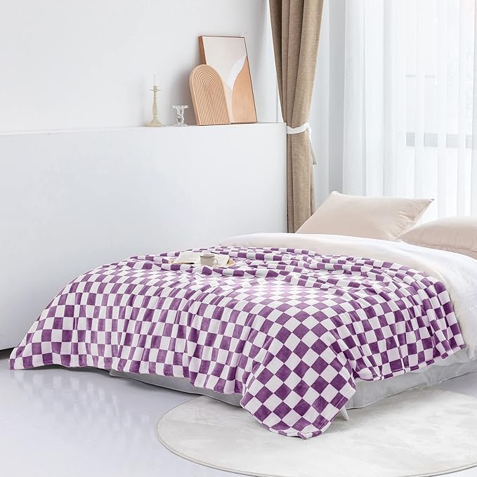 LOMAO Throw Blankets Flannel Blanket with Checkerboard Grid Pattern Soft Throw Blanket for Couch, Bed, Sofa Luxurious Warm and Cozy for All Seasons (Purple, 50"x60")