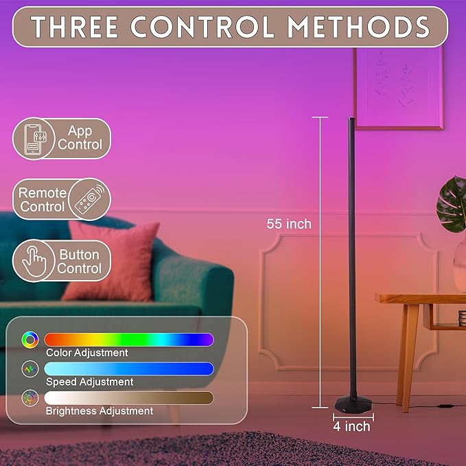 RGB Lamp for Any Room, LED Corner Floor Lamp for Living Room, Color Changing Light Bar for Bedroom, Smart Floor Lamp with Adjustable LED Lighting, Stick Lamp with Remote (145cm)