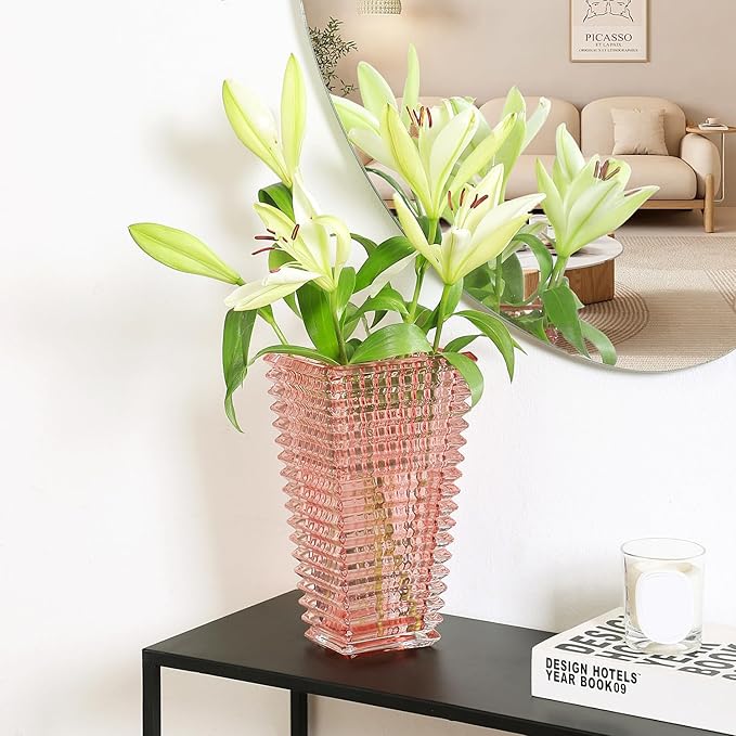 MCMCNCUIU Crystal Glass Vase, Large Crystal Vases for Flowers, Large Flower Vase, Pink Modern Vases for Living Room, Bedroom, Kitchen, Dining Table, Mantle, Wedding, 11 Inches