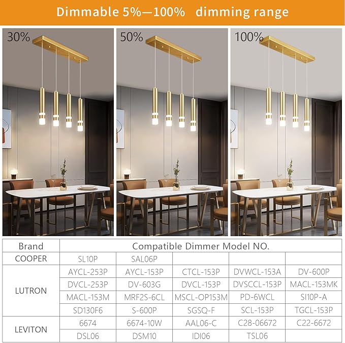 4-Light Dining Room Modern Pendant Light Kitchen Fixture Dimmable LED Gold Pendant Lighting fo Kitchen Island Study Pendant Lights