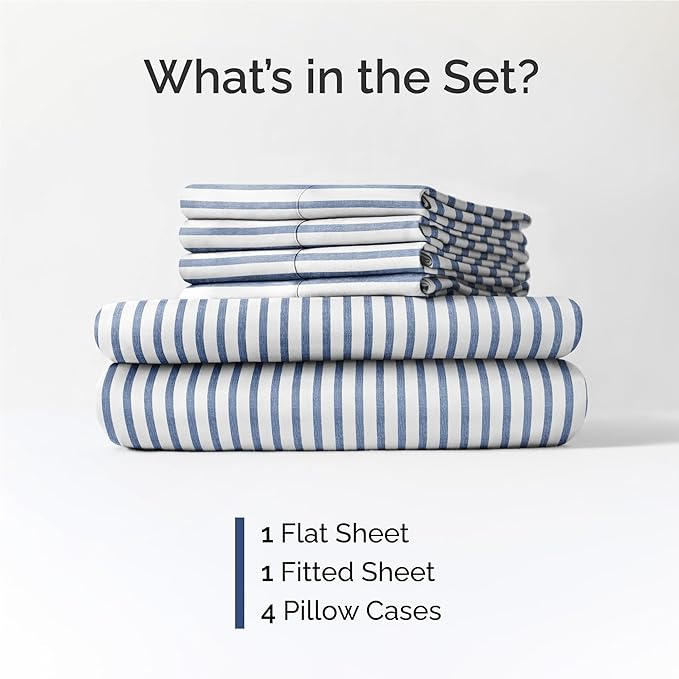 Full Sheets Set 6 Piece - Includes 4 Pillowcases - Bed Sheets Full Size - Soft Hotel Luxury Bedding - Cooling, Comfy & Breathable - 1 Flat & 1 Fitted & 4 Pillowcases w/ Deep Pockets - Blue Stripes