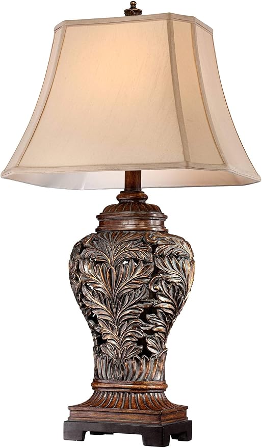 Barnes and Ivy Traditional Table Lamps 32.5" Tall Set of 2 Bronze Brown Carved Leaf Openwork Vase Tan Rectangular Shade Decor for Living Room Bedroom House Bedside Nightstand Home Office