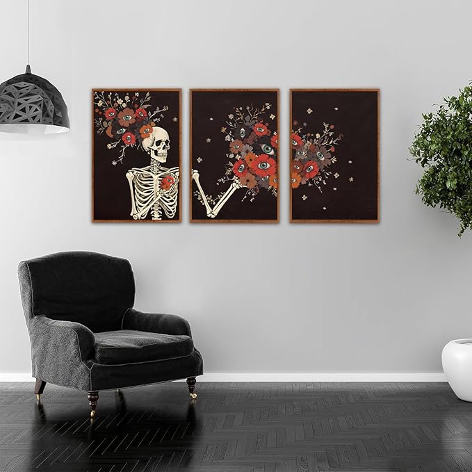KAIRNE Gothic Skull Wall Art,Halloween Skeleton Canvas Set of 3(16”x24”),Scary Skull Painting,Horror Floral Botanical Prints,Romantic Spooky Halloween Wall Art for Living Room Bedroom Goth Party Decor