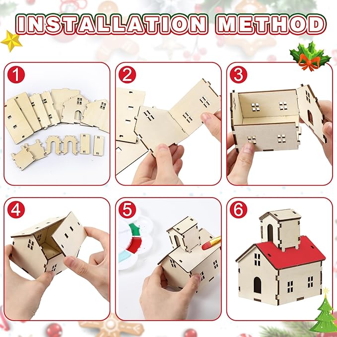 Hiboom 12 Pcs DIY Christmas Village Sets Wood Rustic Church Christmas Mini Wooden House Gift for Winter Xmas Party Crafts Decorations