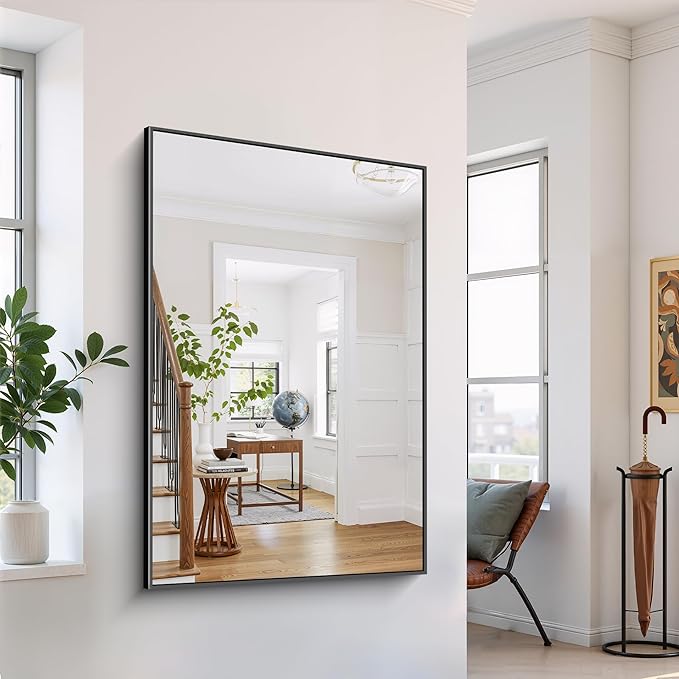 YIROMAN Bathroom Mirror 55"x36", Large Matte Black Bathroom Mirror for Over Sink with Aluminum Frame, Rectangular Vanity Mirror with Right Angle, Wall Mirror Hangs Horizontal or Vertical, Shatterproof